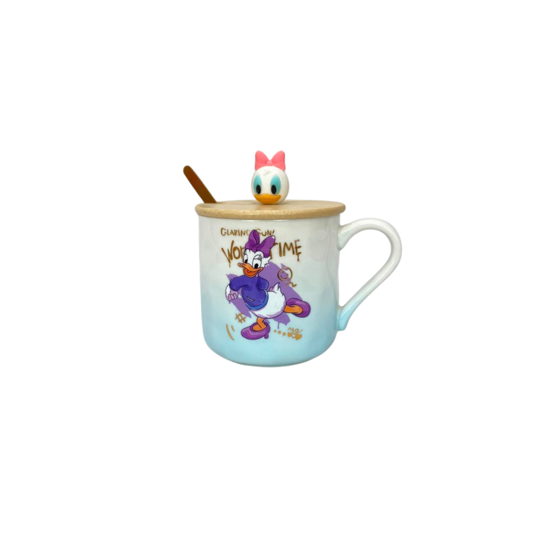 Ceramic mug with blue-to-white gradient, wooden lid with duck figurine, white handle